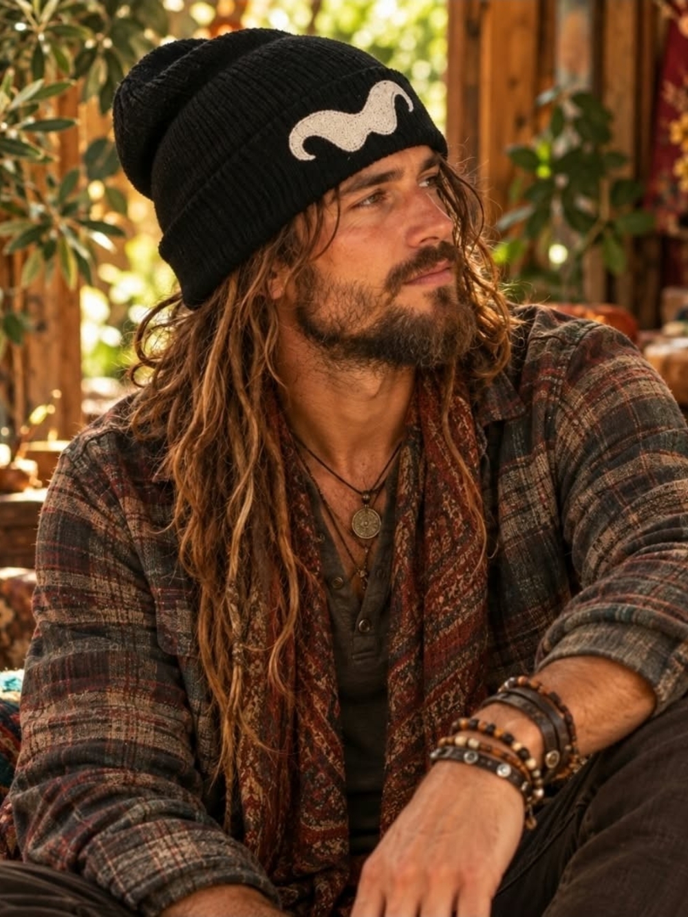 Black Mustache Beanie Rib Knit Skater Grunge 90s Boho Streetwear Unisex Adult